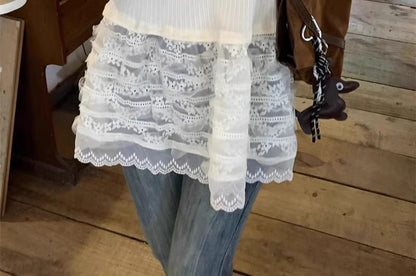 Ribbed Crew Neck Tee with Lace Insets