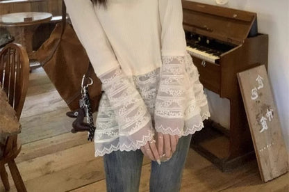Ribbed Crew Neck Tee with Lace Insets