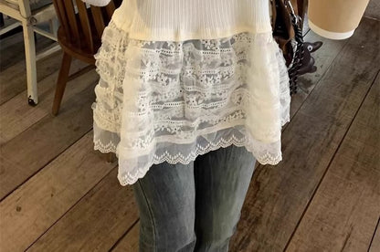 Ribbed Crew Neck Tee with Lace Insets