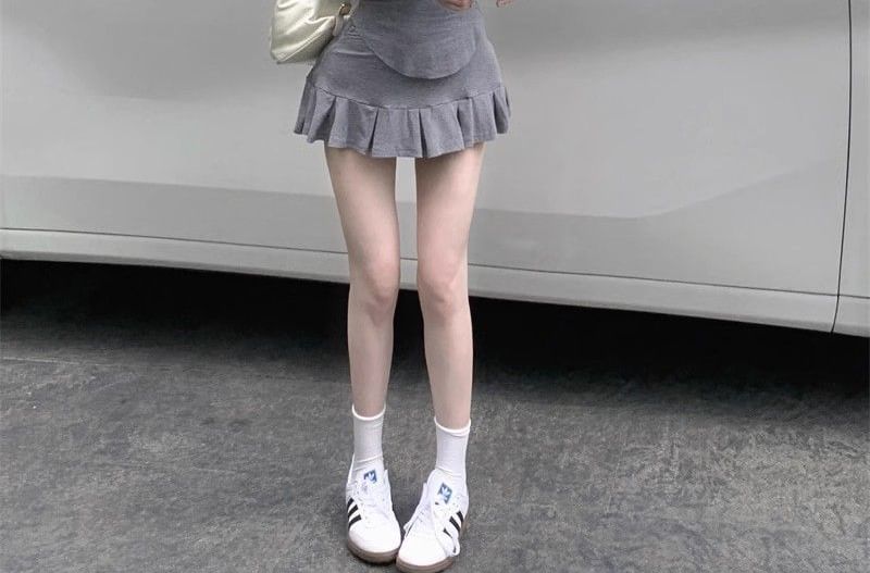Collared Crop Tee and Pleated Mini Skirt Set