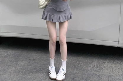 Collared Crop Tee and Pleated Mini Skirt Set