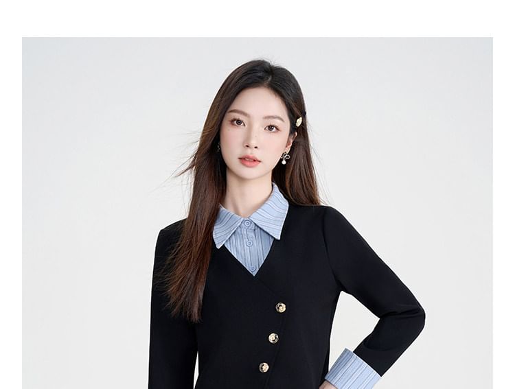 Striped Collared Blouse with Midi A-Line Skirt Set