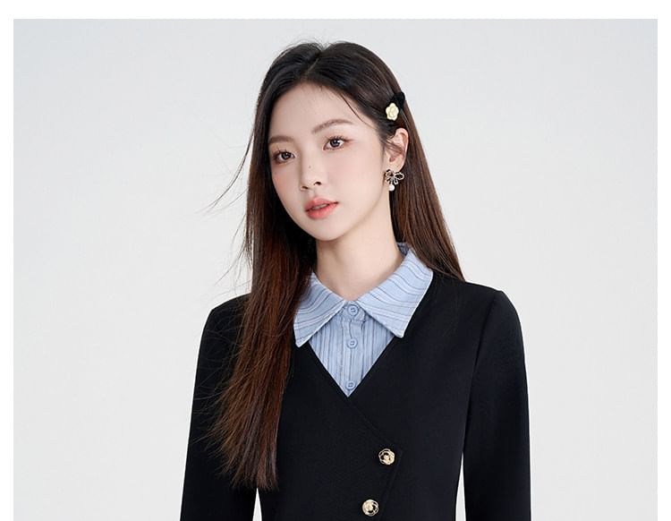 Striped Collared Blouse with Midi A-Line Skirt Set