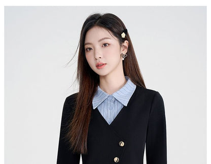 Striped Collared Blouse with Midi A-Line Skirt Set