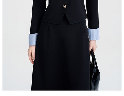 Striped Collared Blouse with Midi A-Line Skirt Set