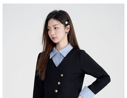 Striped Collared Blouse with Midi A-Line Skirt Set