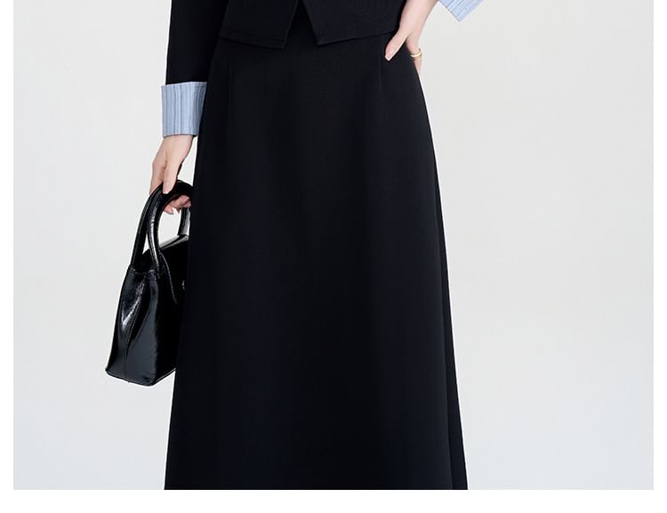 Striped Collared Blouse with Midi A-Line Skirt Set