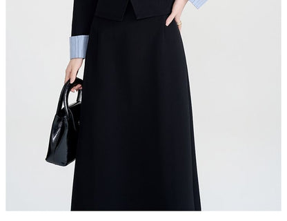 Striped Collared Blouse with Midi A-Line Skirt Set