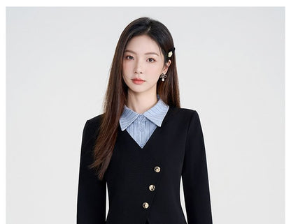 Striped Collared Blouse with Midi A-Line Skirt Set