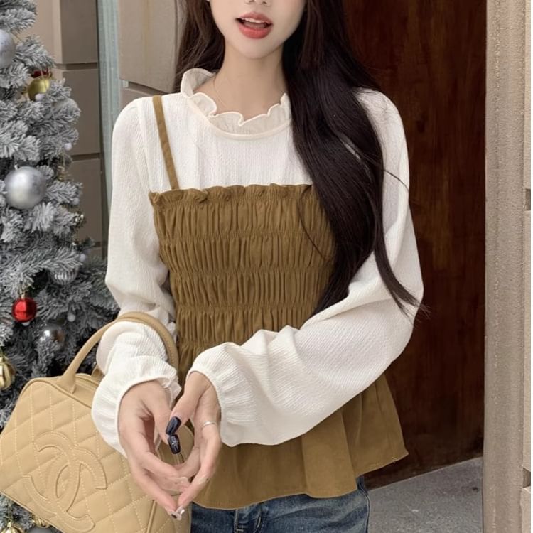 Two-Tone Frill Smocked Blouse with Stand Collar