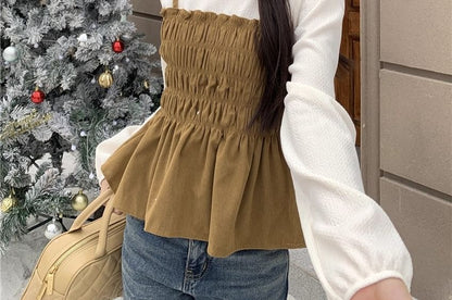 Two-Tone Frill Smocked Blouse with Stand Collar