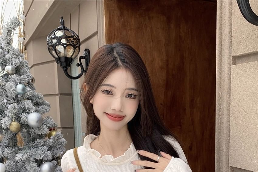 Two-Tone Frill Smocked Blouse with Stand Collar