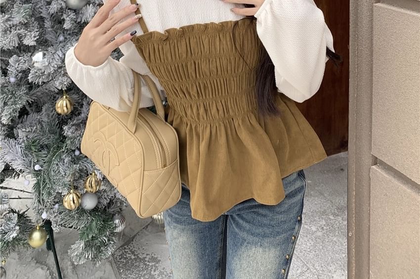 Two-Tone Frill Smocked Blouse with Stand Collar