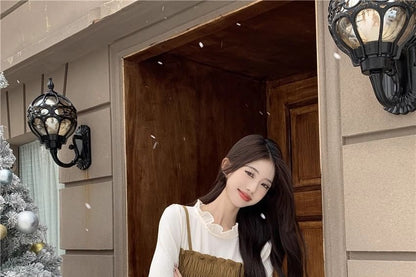 Two-Tone Frill Smocked Blouse with Stand Collar