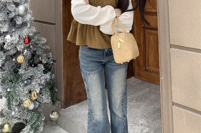 Two-Tone Frill Smocked Blouse with Stand Collar