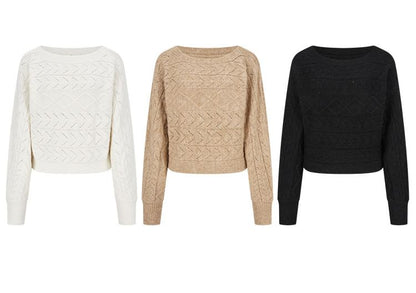 Off-Shoulder Cable Knit Cropped Sweater