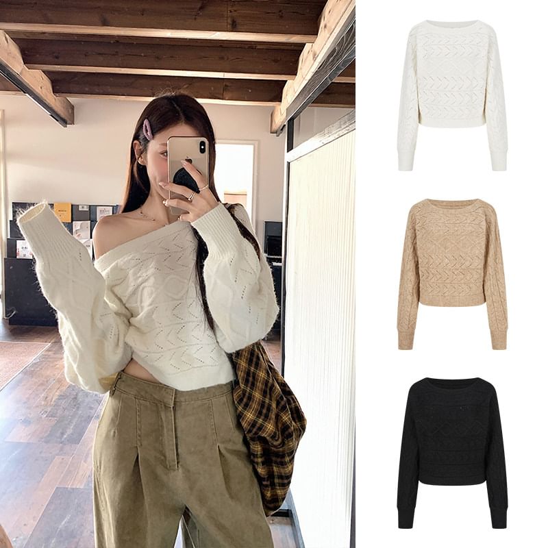Off-Shoulder Cable Knit Cropped Sweater