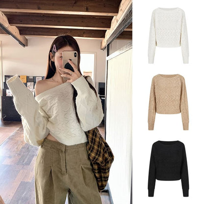 Off-Shoulder Cable Knit Cropped Sweater