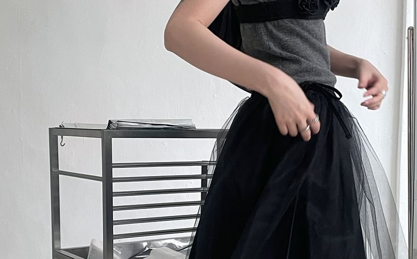 Elastic Waist Plain Mesh A-Line Skirt