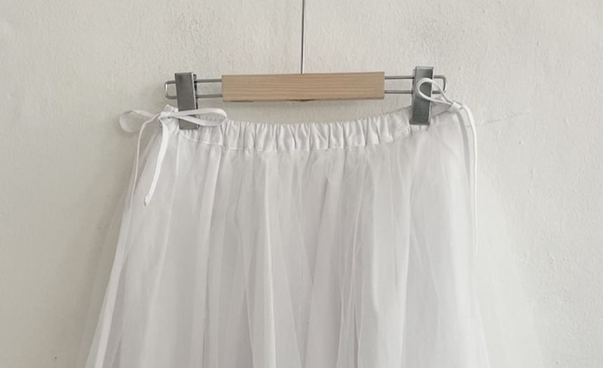 Elastic Waist Plain Mesh A-Line Skirt