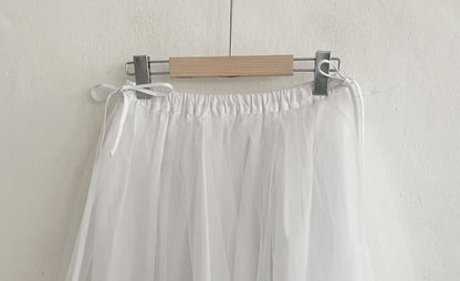 Elastic Waist Plain Mesh A-Line Skirt
