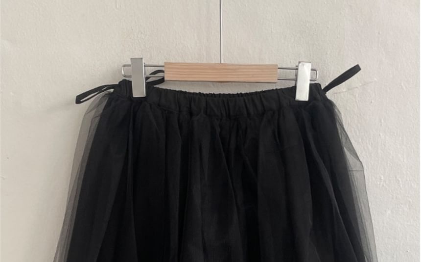 Elastic Waist Plain Mesh A-Line Skirt