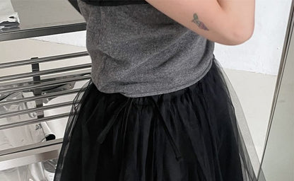Elastic Waist Plain Mesh A-Line Skirt