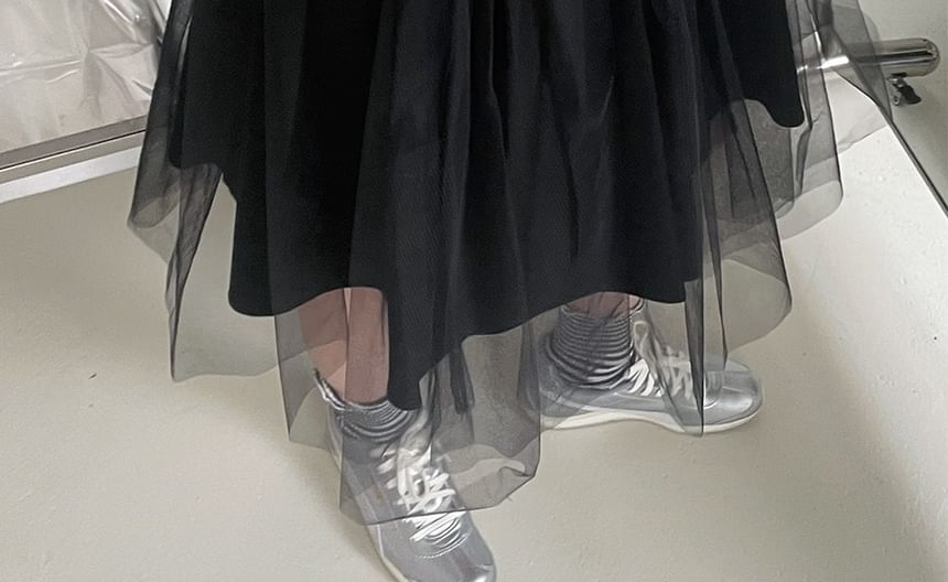 Elastic Waist Plain Mesh A-Line Skirt