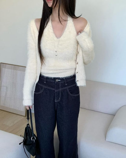 Fluffy Cardigan and Halter Top Set