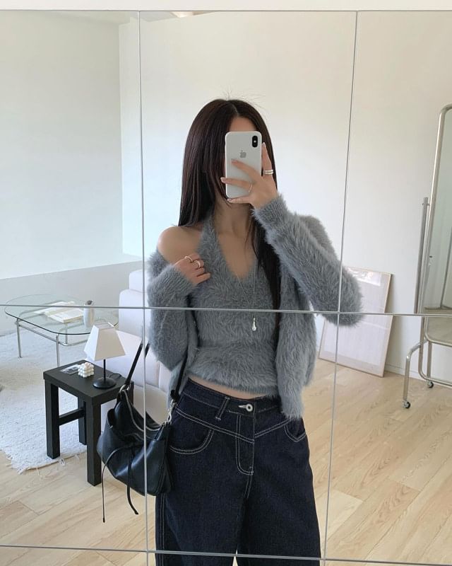 Fluffy Cardigan and Halter Top Set