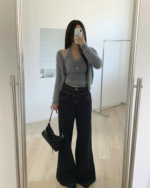 Fluffy Cardigan and Halter Top Set