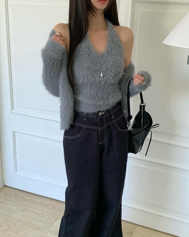 Fluffy Cardigan and Halter Top Set