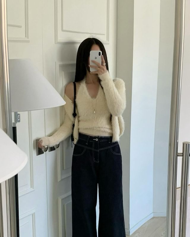 Fluffy Cardigan and Halter Top Set
