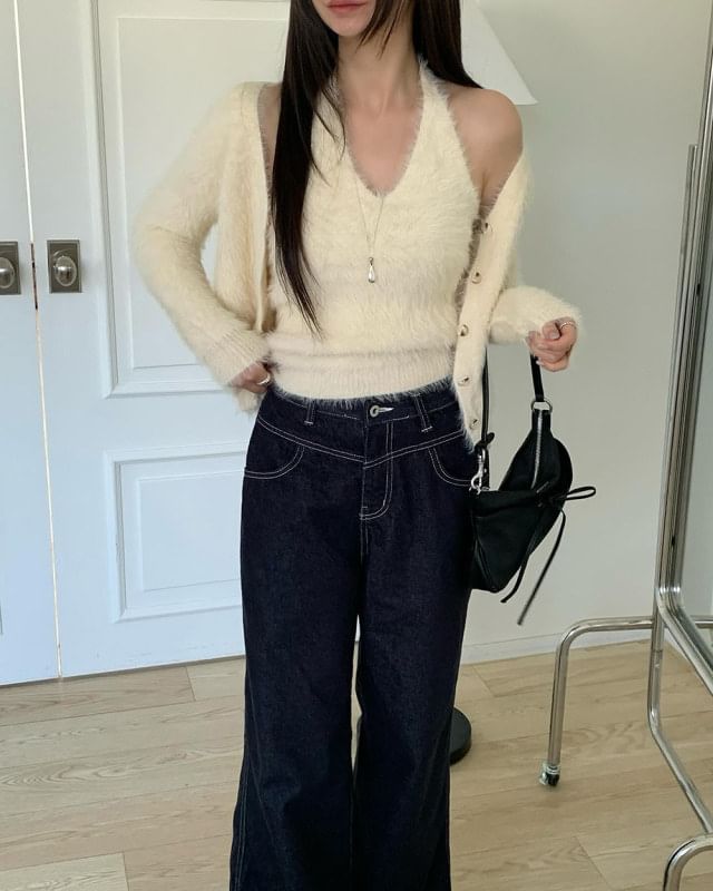 Fluffy Cardigan and Halter Top Set