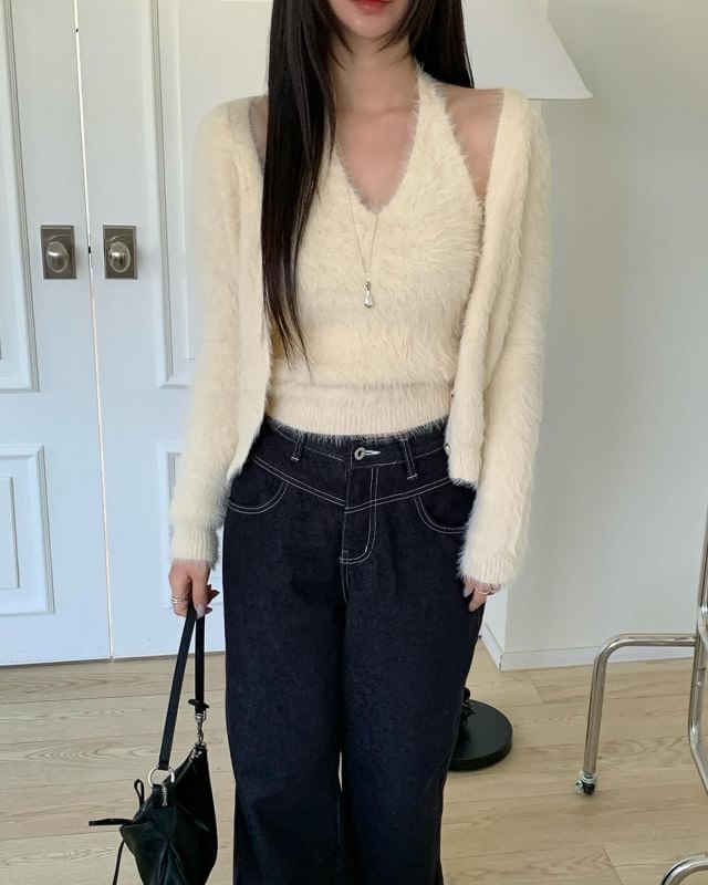 Fluffy Cardigan and Halter Top Set