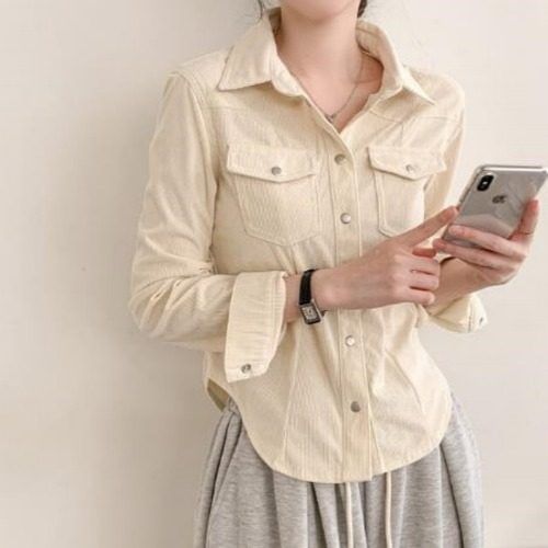 Corduroy Button-Up Blouse with Collar and Long Sleeves