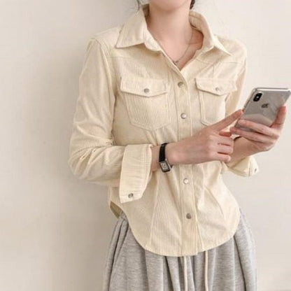 Corduroy Button-Up Blouse with Collar and Long Sleeves