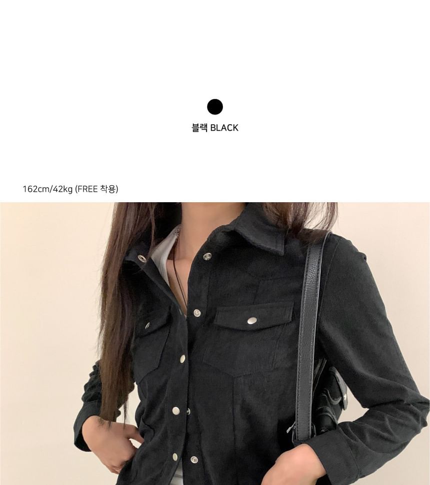 Corduroy Button-Up Blouse with Collar and Long Sleeves