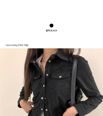 Corduroy Button-Up Blouse with Collar and Long Sleeves