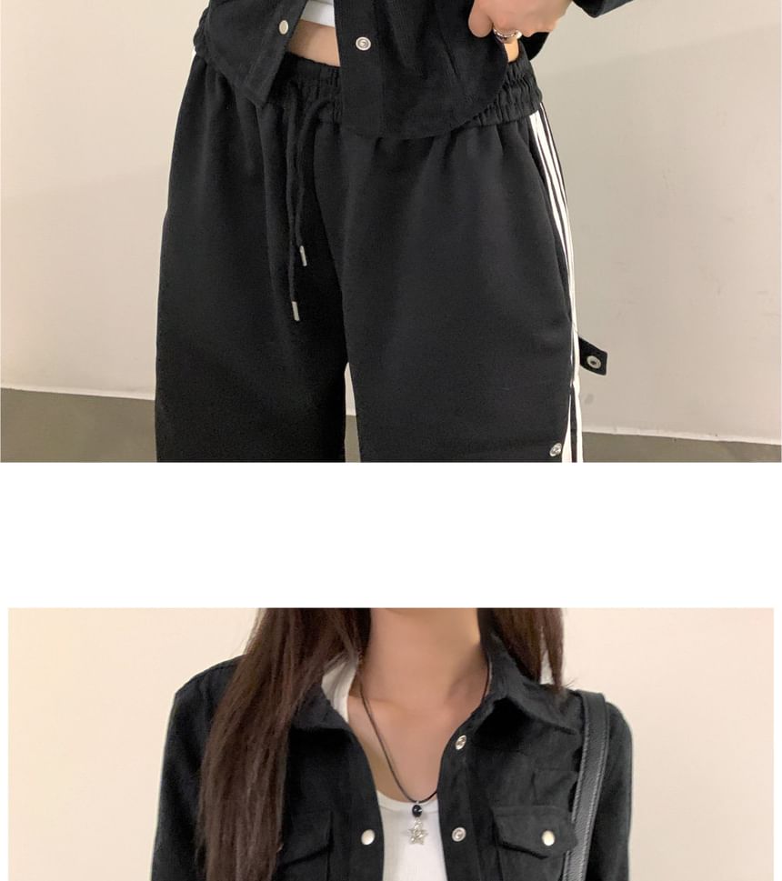 Corduroy Button-Up Blouse with Collar and Long Sleeves