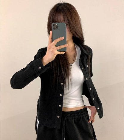 Corduroy Button-Up Blouse with Collar and Long Sleeves