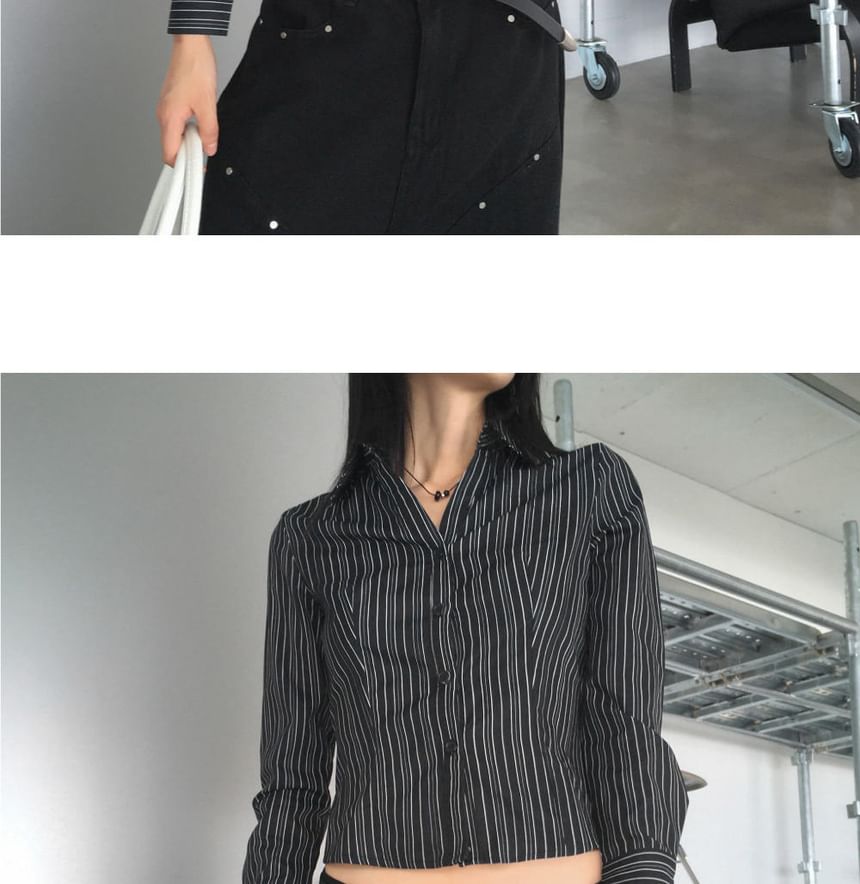 Button-Up Crop Blouse with Collar and Striped Pattern