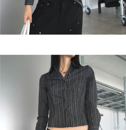 Button-Up Crop Blouse with Collar and Striped Pattern