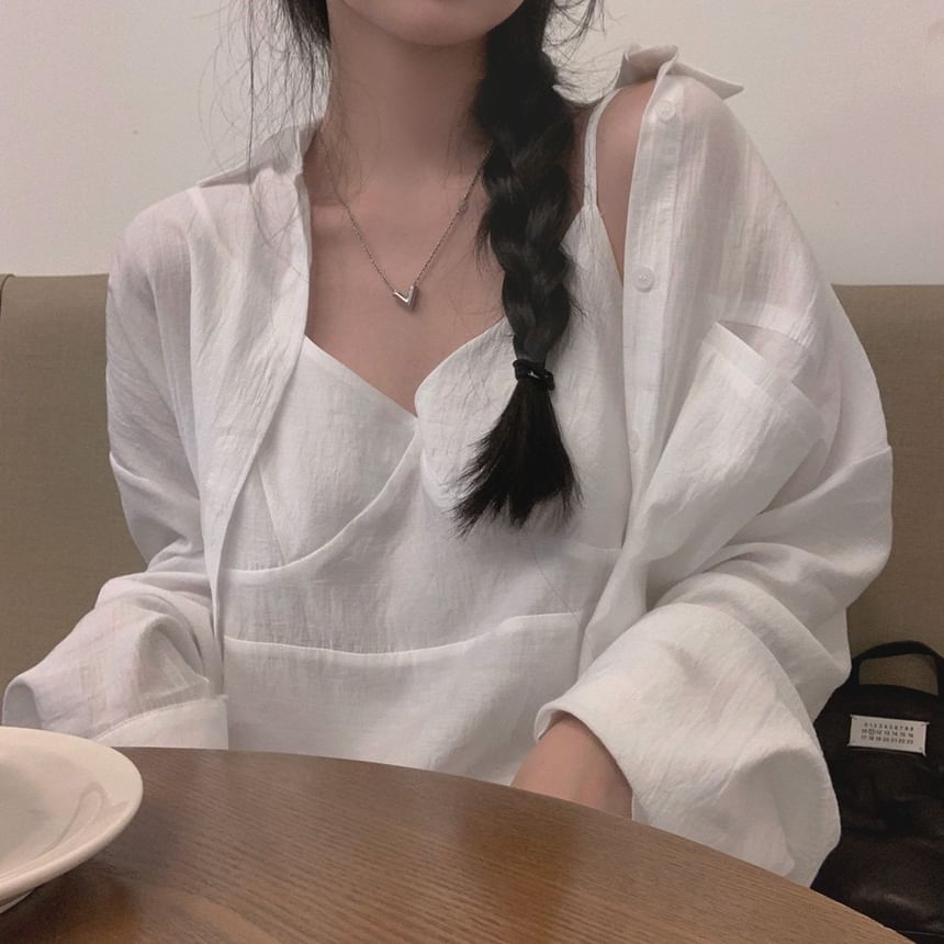 Set: Spaghetti Strap Tunic with V-Neck and Long-Sleeve Shirt