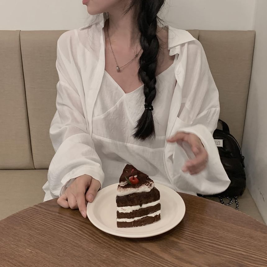 Set: Spaghetti Strap Tunic with V-Neck and Long-Sleeve Shirt