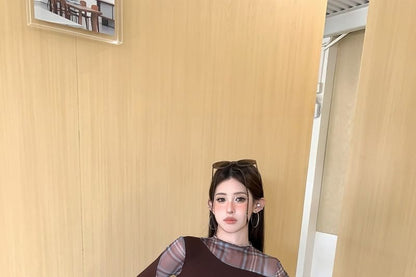 High Neck Plaid Panel Long Sleeve Top