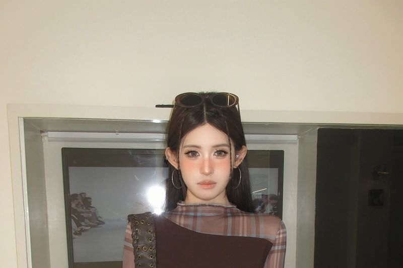 High Neck Plaid Panel Long Sleeve Top