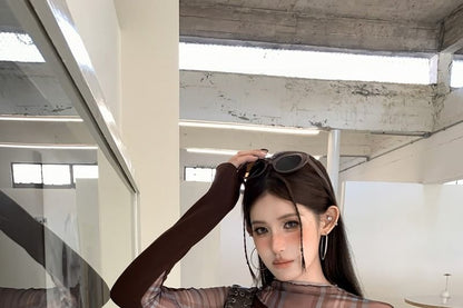 High Neck Plaid Panel Long Sleeve Top