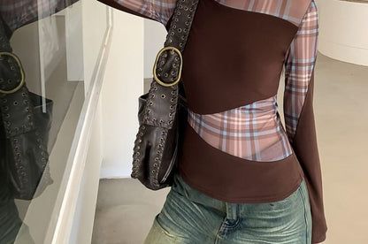 High Neck Plaid Panel Long Sleeve Top