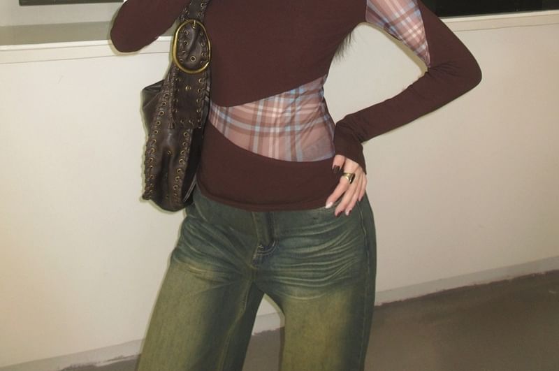 High Neck Plaid Panel Long Sleeve Top
